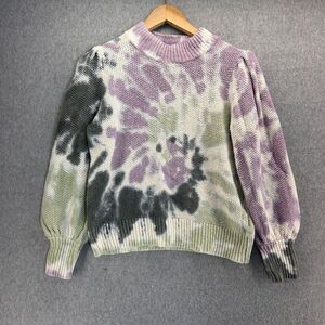 Madewell Tie-Dye Cotton Knit Sweater Small Purple Green 3/4 Length‎ Puff Sleeve
